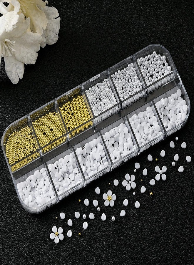 SILPECWEE White Petals Flower Nail Charms 5D Embossed Resin Flowers Charms for Acrylic Nails Pearls Gold Nail Beads Floral Nail Art Charms Spring Summer Nail Jewelry Decoration for Women - Image 5